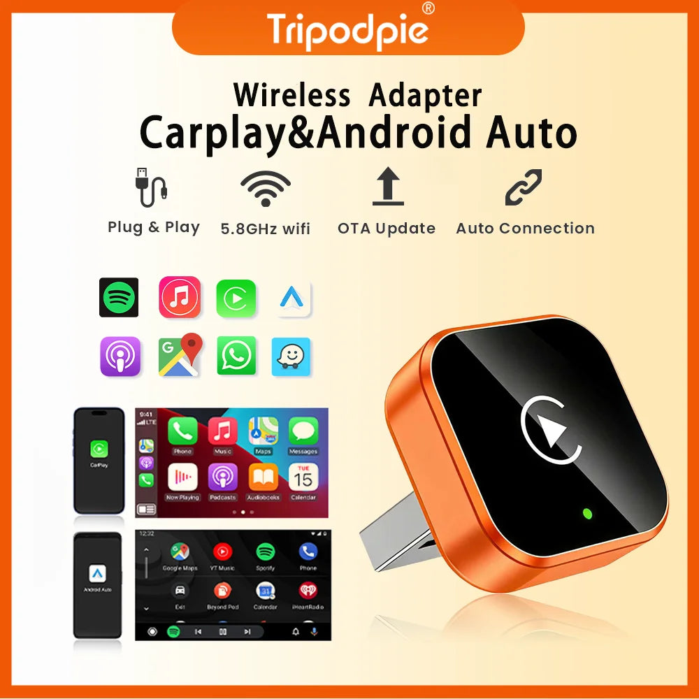 Orange wireless CarPlay and Android Auto adapter with brand logo