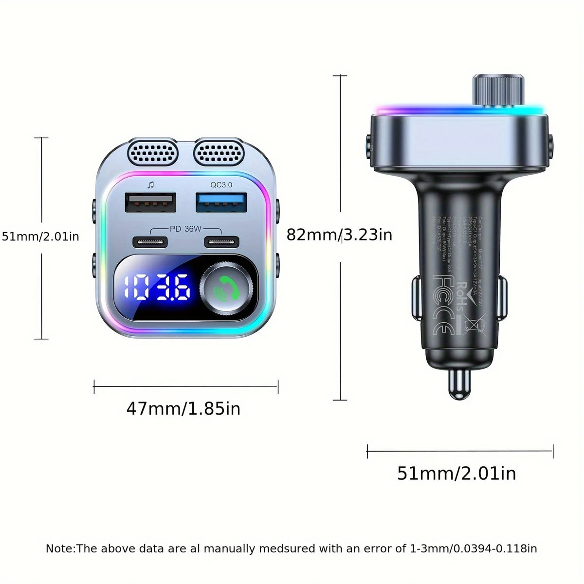 66W Car Charger with Bluetooth 5.4 FM Transmitter, Dual PD Fast Charging, Hands-Free Calling with Dual Mics, Bass Boost