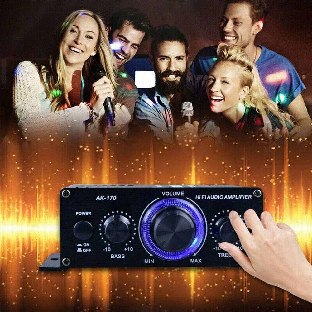 Mini stereo amplifier at a party with people singing
