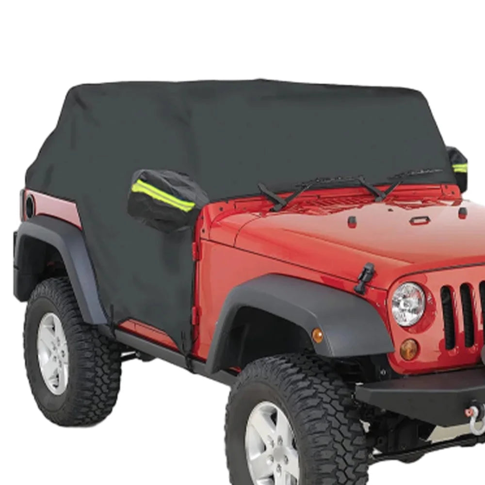 Half Car Cover for Jeep Wrangler 4-Door 2018-2021 (JL), 210T Polyester, Reflective Strips, Buckles and Storage Bag, Black or Silver