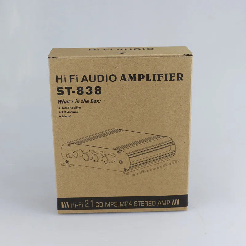 Retail box of the ST-838 Hi-Fi audio amplifier