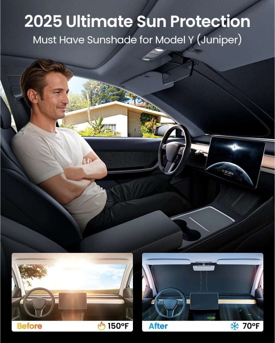 Windshield Sun Shade for Tesla Model Y 2020-2024 and Juniper 2025, Honeycomb Heat Insulation Layer, Foldable with Storage Bag