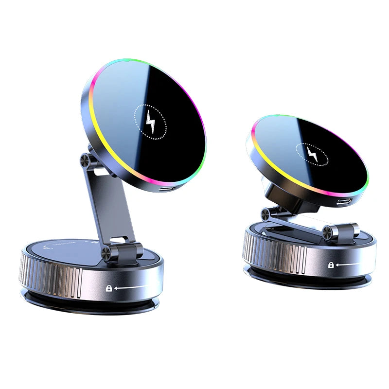 Magnetic Wireless Car Charger with Vacuum Suction Base, 15W Phone Mount with 360 Degree Rotation and RGB Light, 7 Models