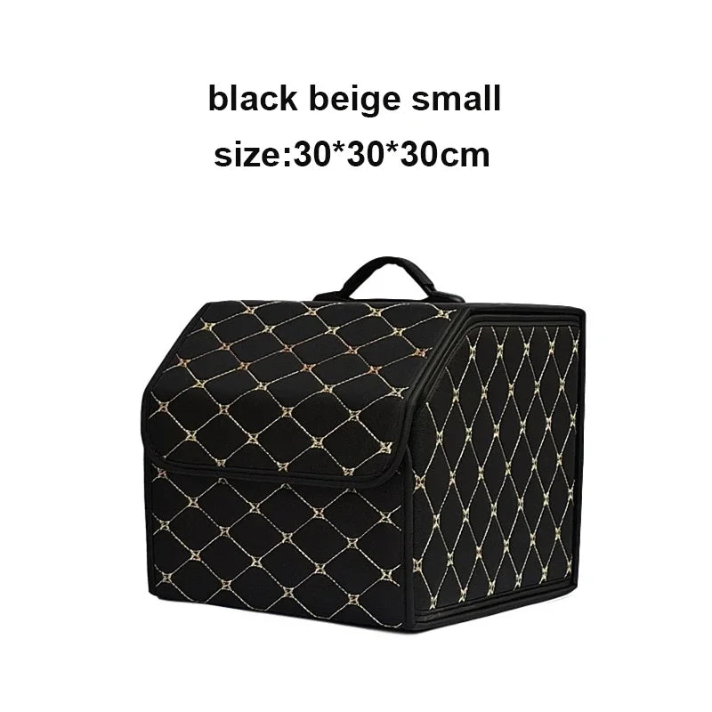 Black trunk organizer with beige stitching, small