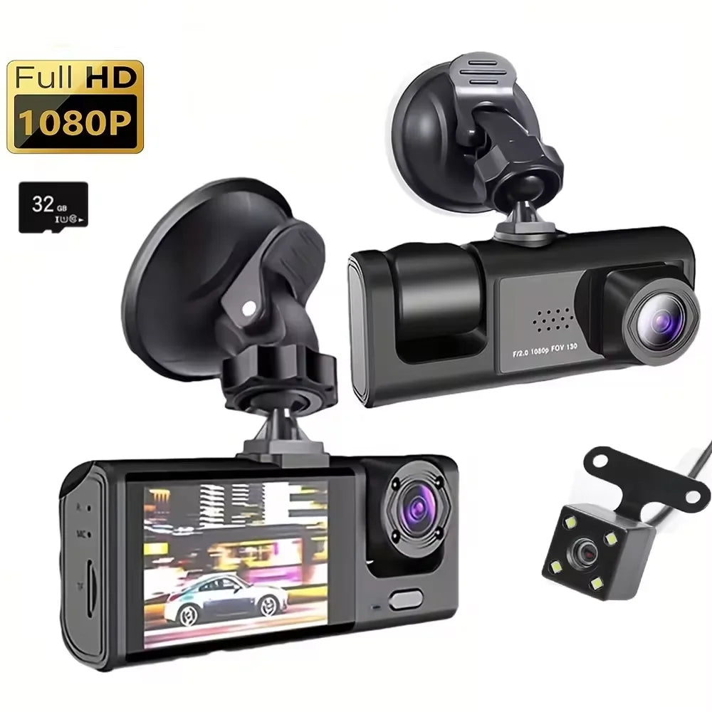 Front and cabin dash cam with rear camera and 32GB card