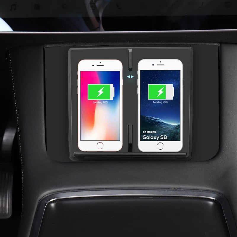 Dual Wireless Charging Pad for Tesla Model 3, Charges Two Phones at Once, 10W Qi Charger with USB Ports and Ambient Light