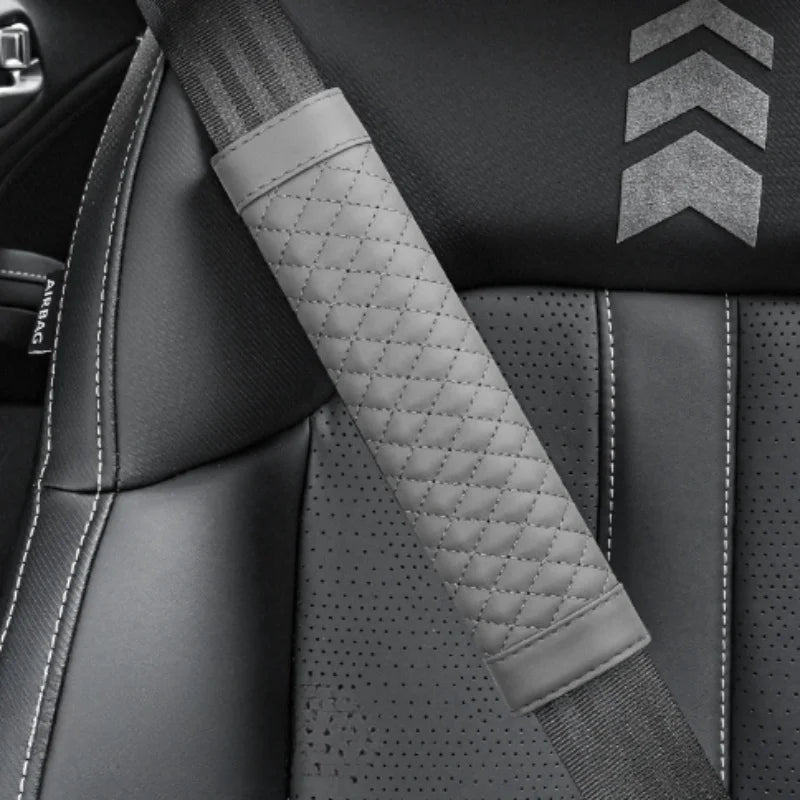 Embroidered Leather Seat Belt Shoulder Cover for Adults, Wear-Resistant with Anti-Slip Pads, Beige, Brown, Black or Gray