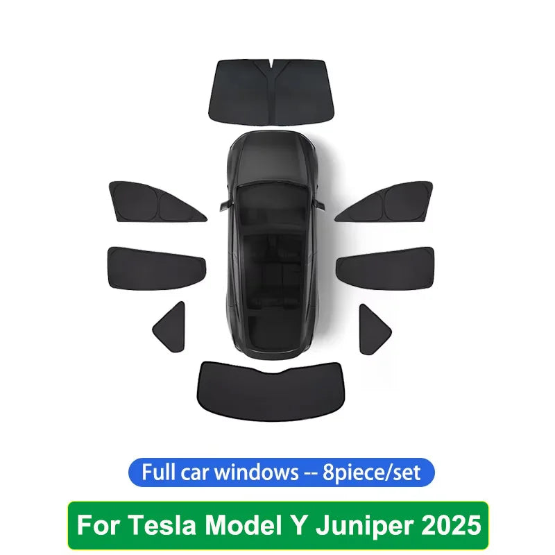 Sun Shades for Tesla Model Y Juniper 2025-2026, Windshield, Side Window and Sunroof Shades or 6, 7 and 8-Piece Privacy Sets