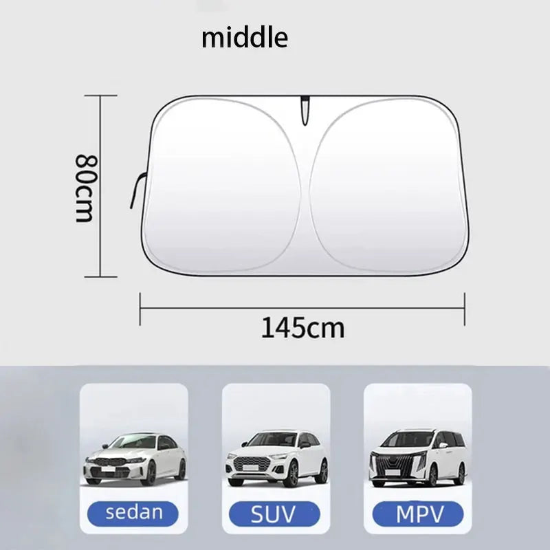 Twist-Fold Car Windshield Sun Shade with Hook-and-Loop Mirror Strap, Reflective Silver Sunshade, 2 Sizes