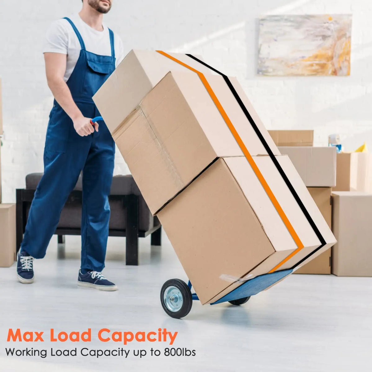 Straps holding boxes on a hand truck