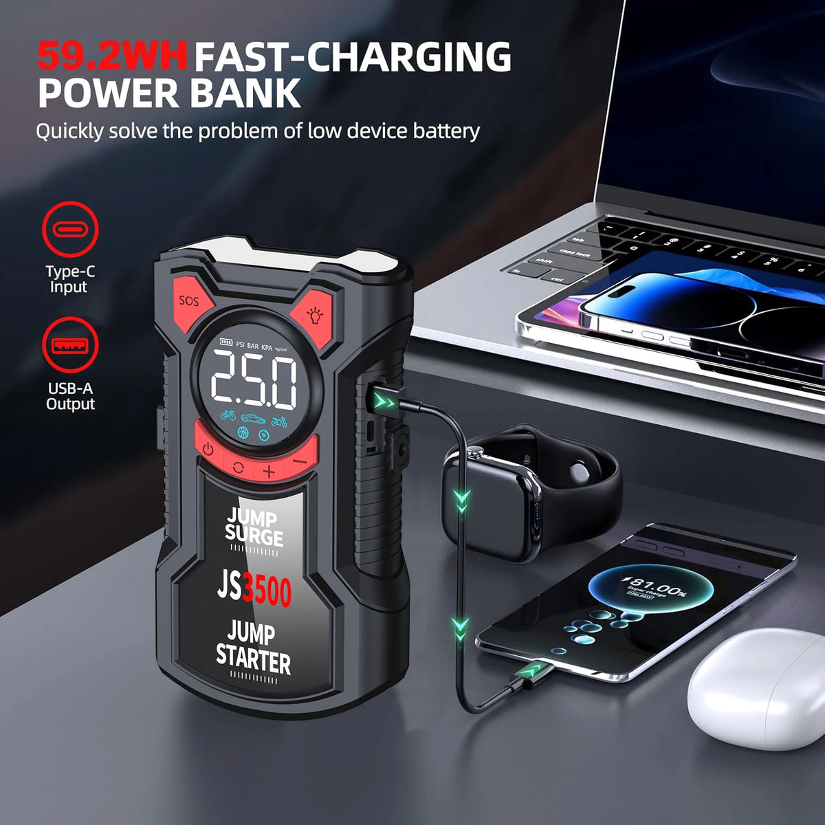5-in-1 Portable Car Jump Starter with 150 PSI Air Compressor, Power Bank and LED Light for 12V Vehicles, 10000 or 12000mAh