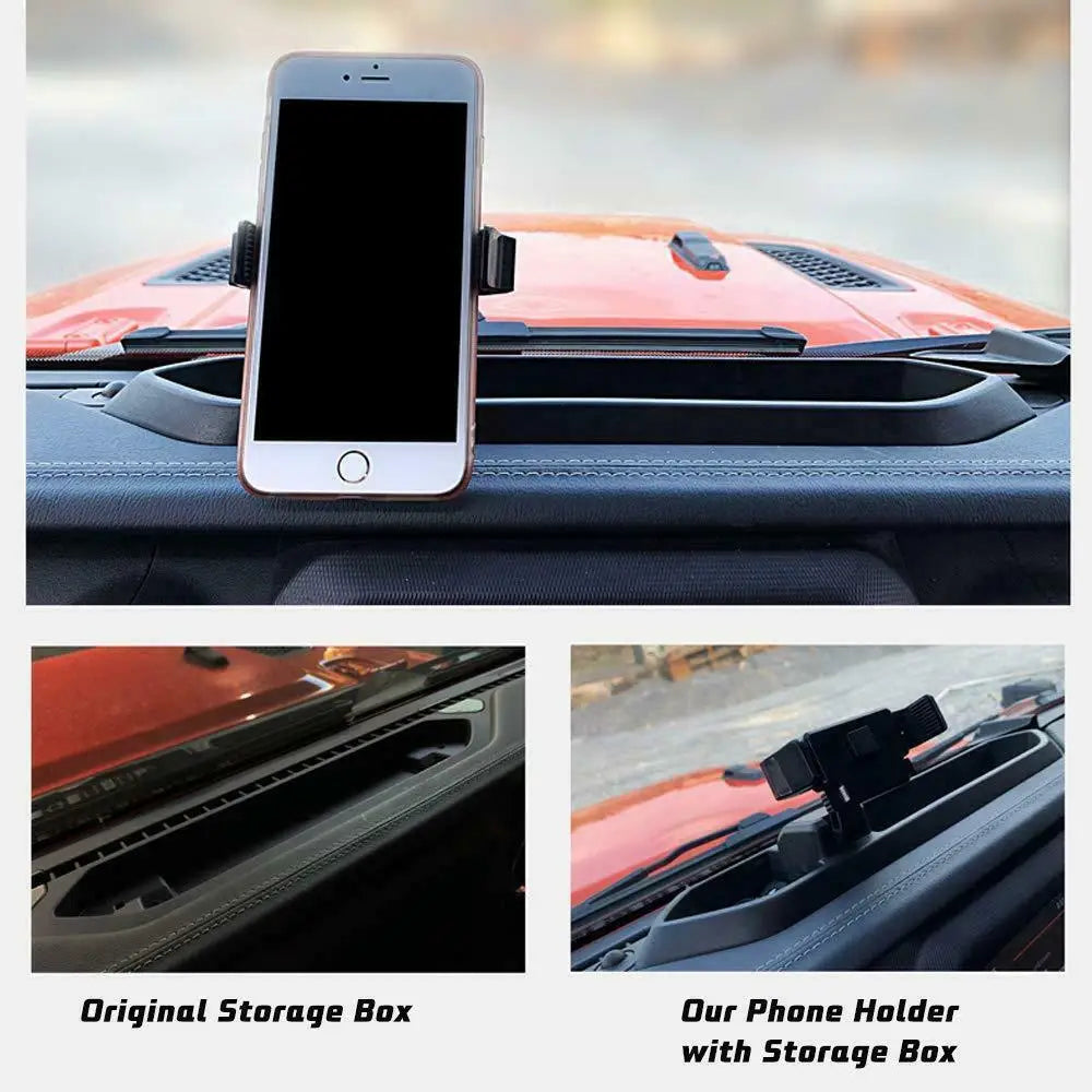 Dash Storage Tray for Jeep Wrangler 2018-2022 (JL), Black Organizer Box with Ball Mount for a Phone Holder