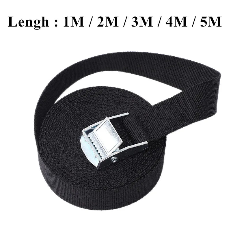 Black cam buckle tie-down strap, lengths 1 to 5 m