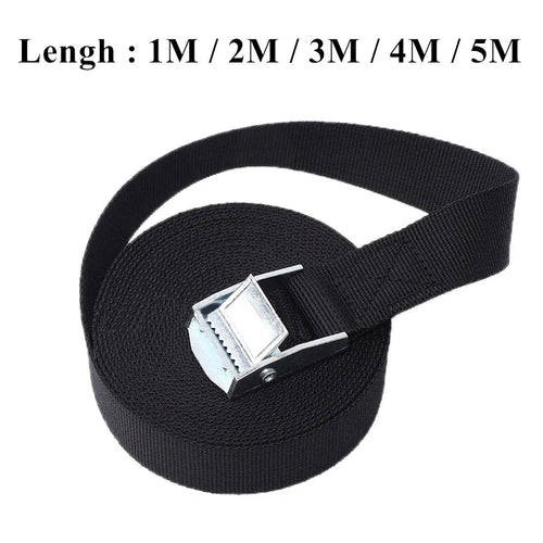 Black cam buckle tie-down strap, lengths 1 to 5 m