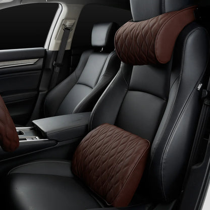 PU Leather Car Neck Pillow and Lumbar Support Cushion, Memory Foam Headrest and Back Pillows with Diamond Stitching