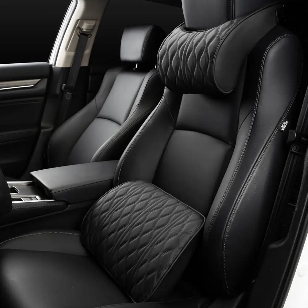 PU Leather Car Neck Pillow and Lumbar Support Cushion, Memory Foam Headrest and Back Pillows with Diamond Stitching