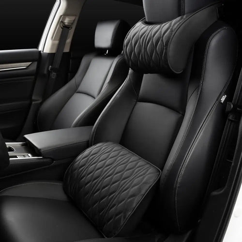PU Leather Car Neck Pillow and Lumbar Support Cushion, Memory Foam Headrest and Back Pillows with Diamond Stitching