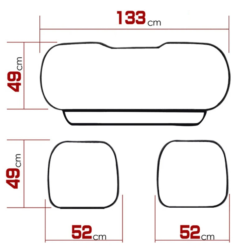 Seat cushion sizes: front 49 x 52 cm, rear 133 x 49 cm