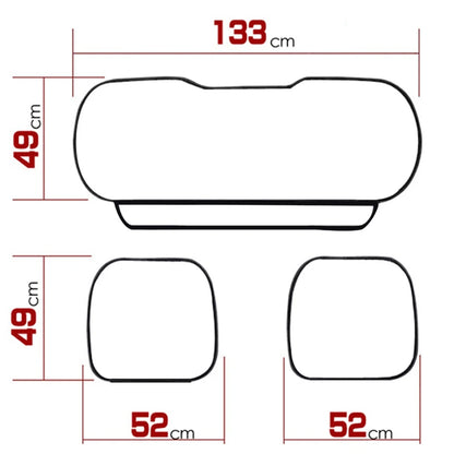 Seat cushion sizes: front 49 x 52 cm, rear 133 x 49 cm