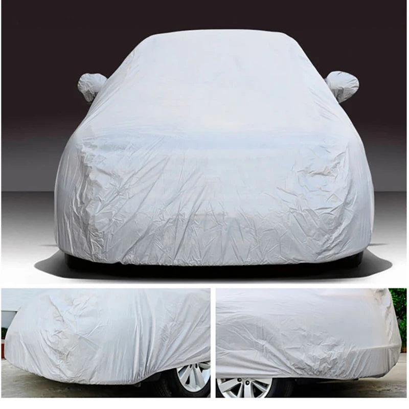 Silver full car cover on a sedan, with close-ups of the fit