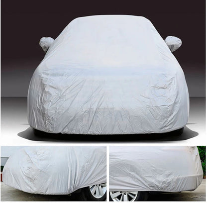 Silver full car cover on a sedan, with close-ups of the fit