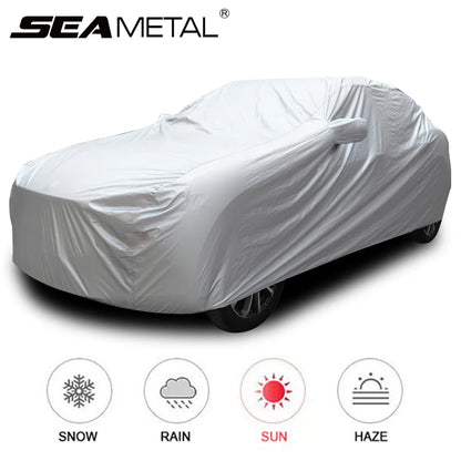Full Car Cover for Sedans and SUVs, Silver Polyester Indoor and Outdoor Cover for Sun, Rain, Snow and Dust with Elastic Hem, 5 Sizes