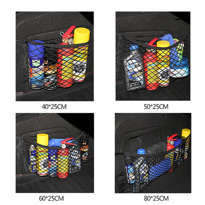 Mesh nets in four sizes holding items in car trunks