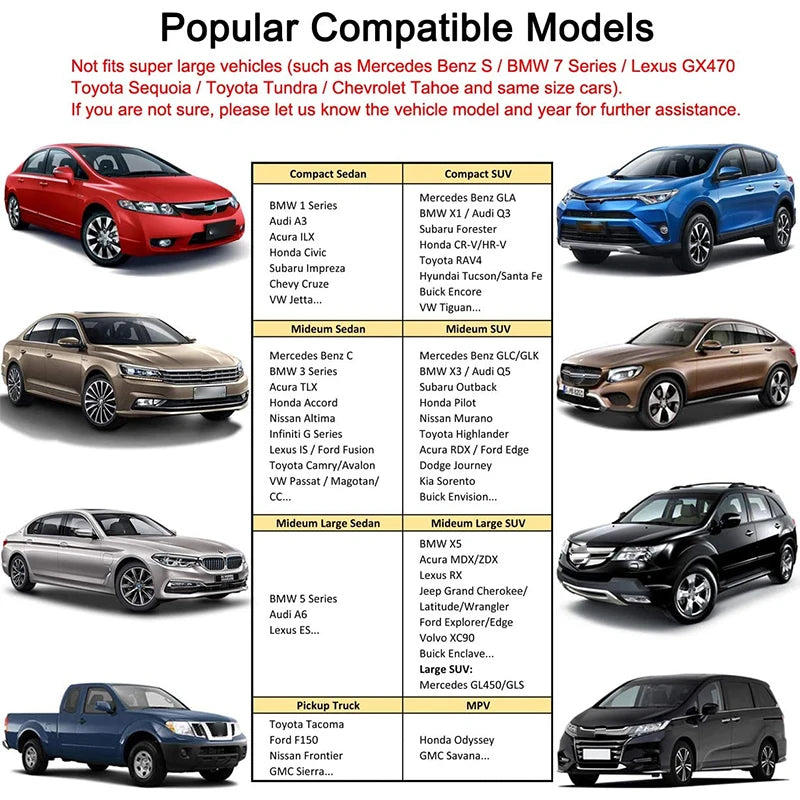 Compatible car models chart from the supplier