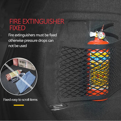 Mesh net holding a fire extinguisher in the trunk