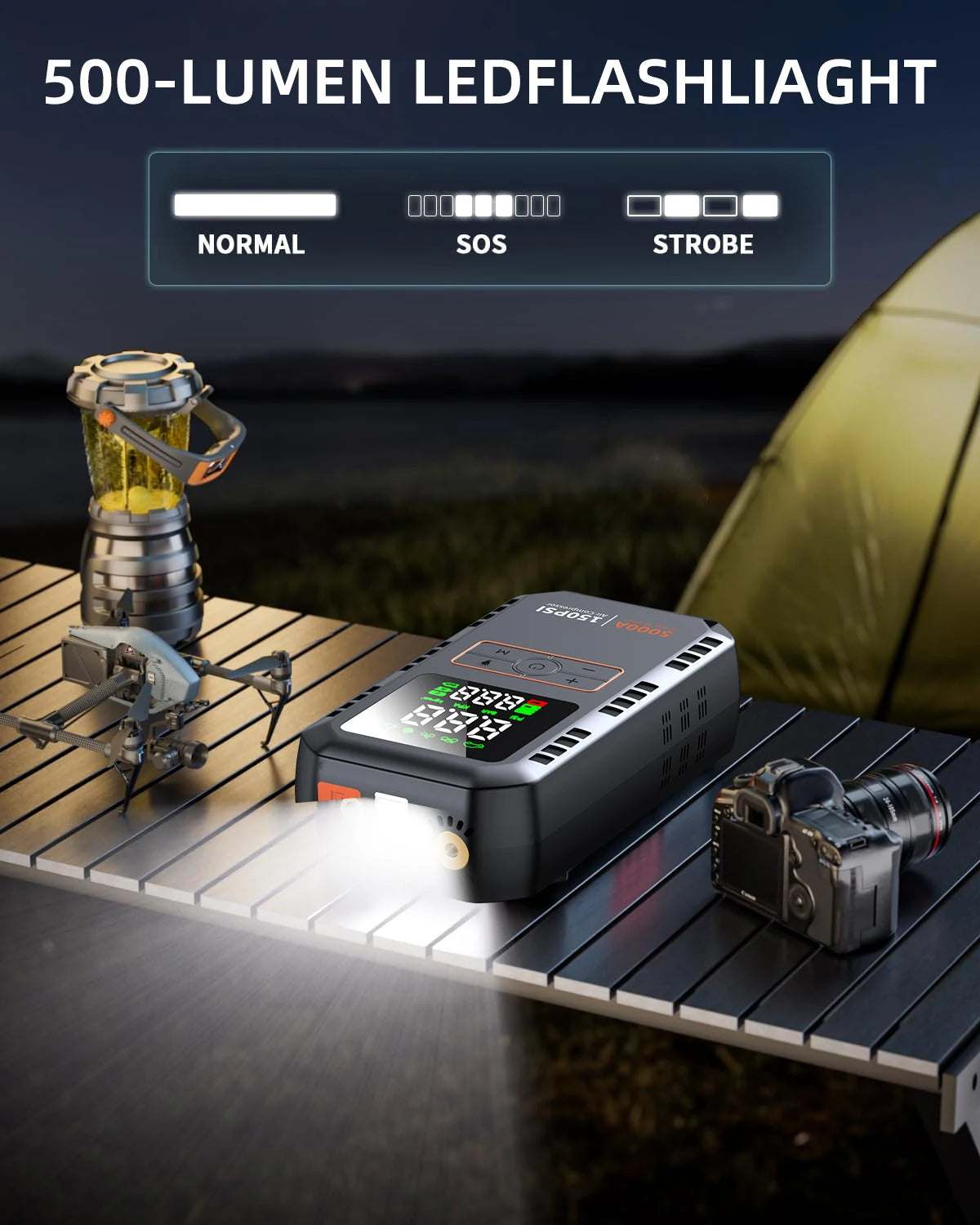 Jump starter LED flashlight with normal, SOS and strobe modes