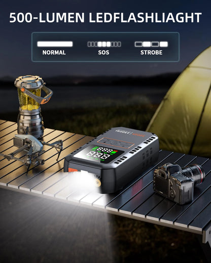 Jump starter LED flashlight with normal, SOS and strobe modes