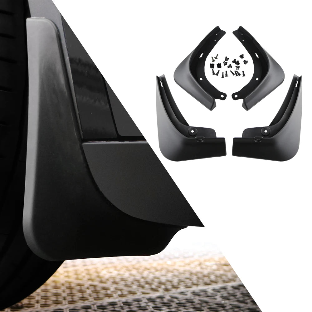 Mud flap installed behind a Model 3 wheel