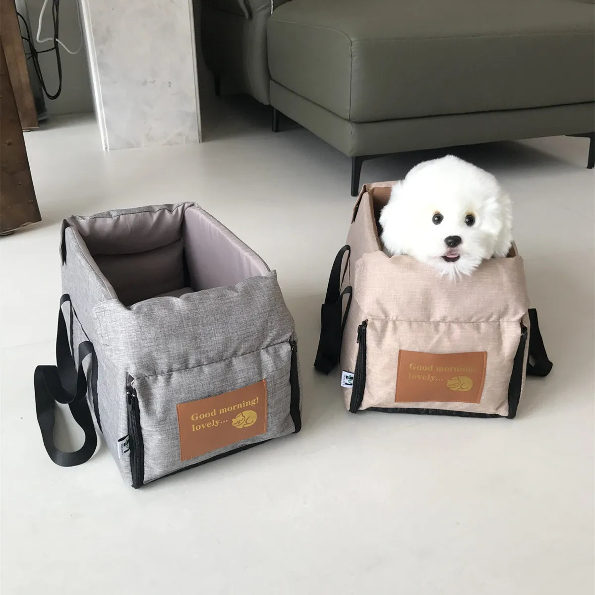 Center Console Pet Booster Seat for Small Dogs and Cats, Portable Carrier Bag with Waterproof Oxford Cloth, Small or Large, Gray or Khaki
