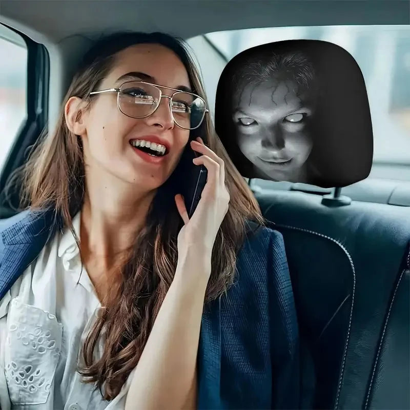 Halloween Horror Face Car Headrest Covers, Set of 2 Universal Elastic Printed Seat Headrest Sleeves for Dust Protection