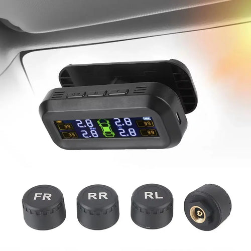 Solar Tire Pressure Monitoring System, Wireless TPMS with 4 External Sensors, Real-Time Pressure and Temperature, PSI or Bar, 15 Styles