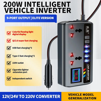 200W Car Power Inverter, 12V to 110V AC Outlets with USB-C PD and QC3.0 USB Ports, Optional Digital Display, for Cars, Trucks, SUVs and RVs