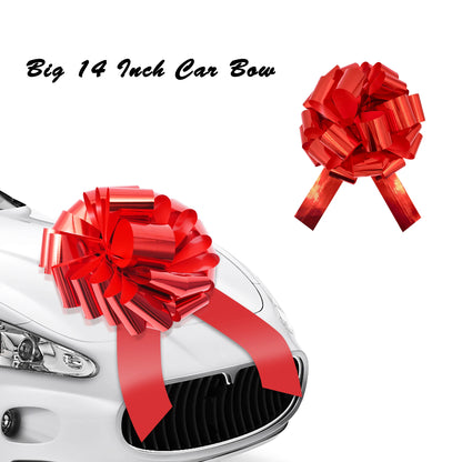 14 Inch Red Pull String Gift Bow for Cars, Bikes and Big Presents, Waterproof Metallic Ribbon for Christmas, Birthdays and Weddings