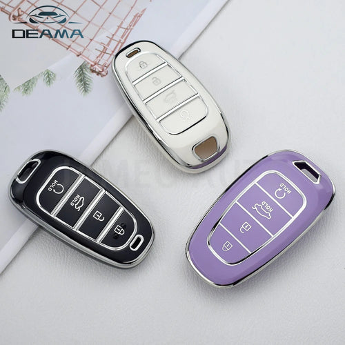 Key Fob Cover for Hyundai 4-Button Keys, Two-Tone TPU Case for Tucson (NX4), Santa Fe and Nexo, 8 Colors with Gold or Silver