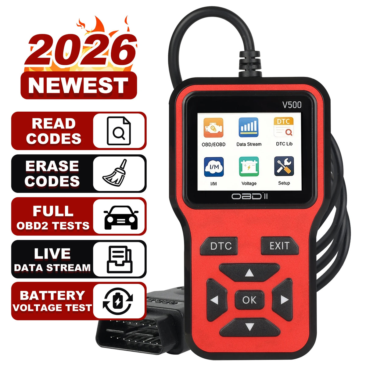 OBD2 scanner features: read codes, erase codes, full OBD test, live data and battery voltage test