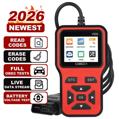 OBD2 scanner features: read codes, erase codes, full OBD test, live data and battery voltage test