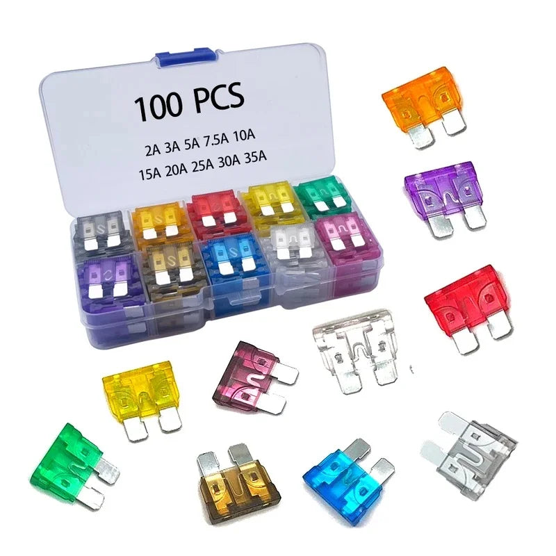 Clear case of 100 assorted standard blade car fuses