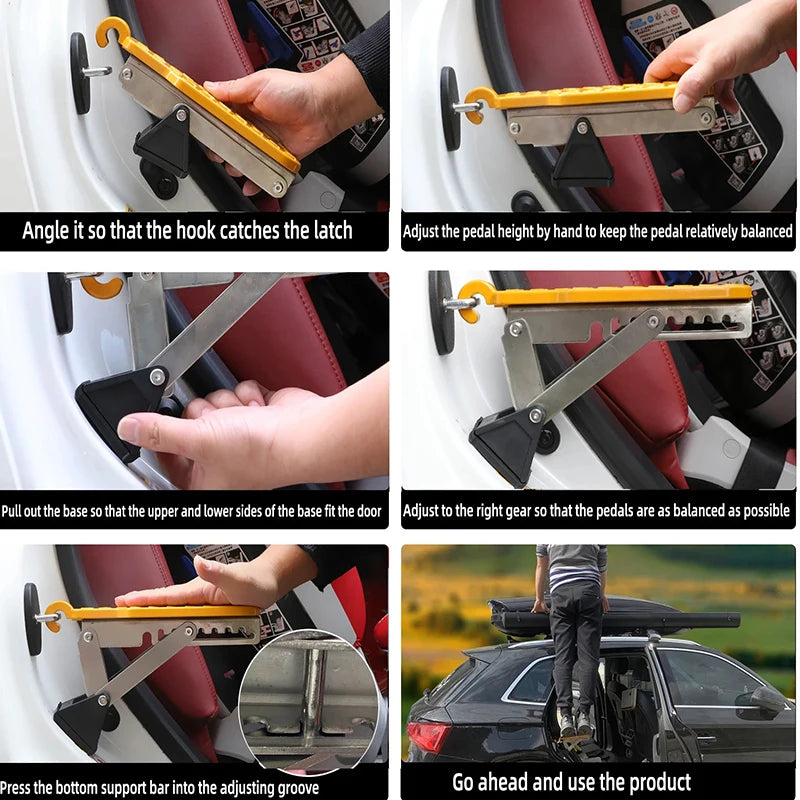 Car Door Latch Step Board for Roof Access, Foldable Aluminum Alloy Foot Pedal Hooks onto U-Shaped Door Latch, 3 Styles