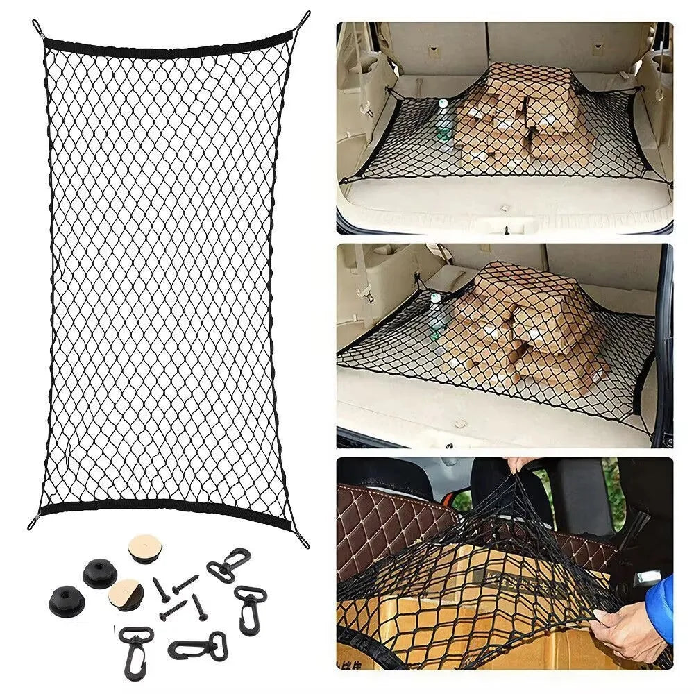 Cargo net with hooks holding items in a trunk