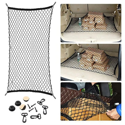 Cargo net with hooks holding items in a trunk