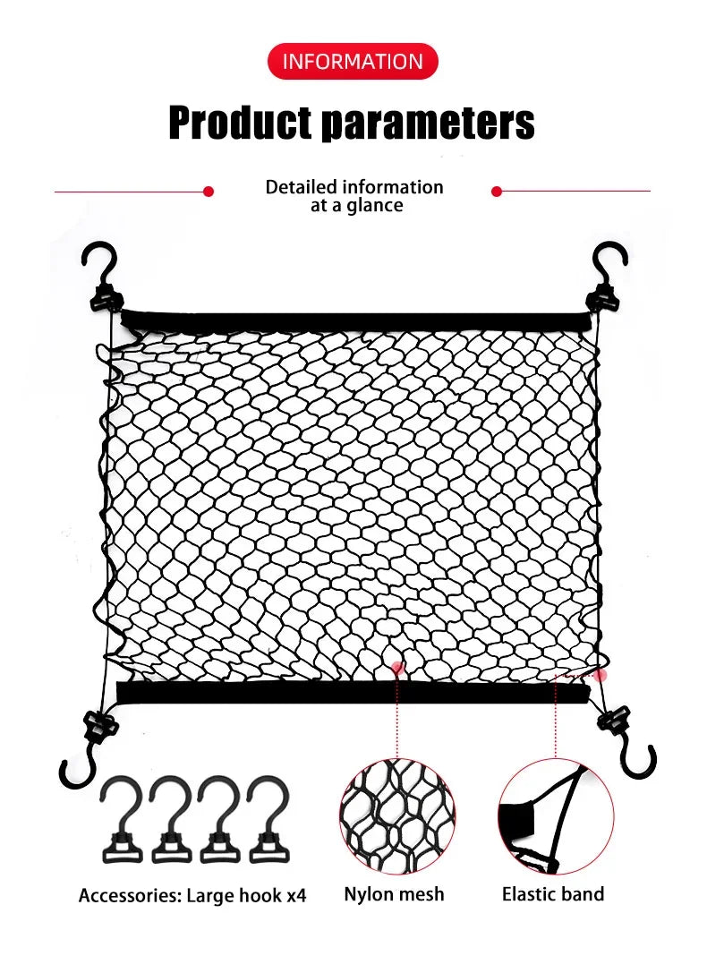Black Cargo Net for Toyota RAV4 2019-2023 (XA50), Polypropylene Trunk Net with Elastic Cord and 4 Adjustable Hooks, 3 Sizes