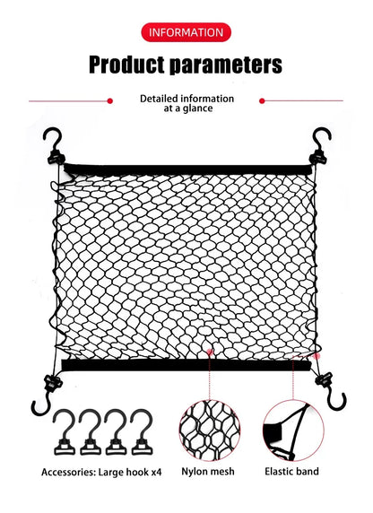 Black Cargo Net for Toyota RAV4 2019-2023 (XA50), Polypropylene Trunk Net with Elastic Cord and 4 Adjustable Hooks, 3 Sizes