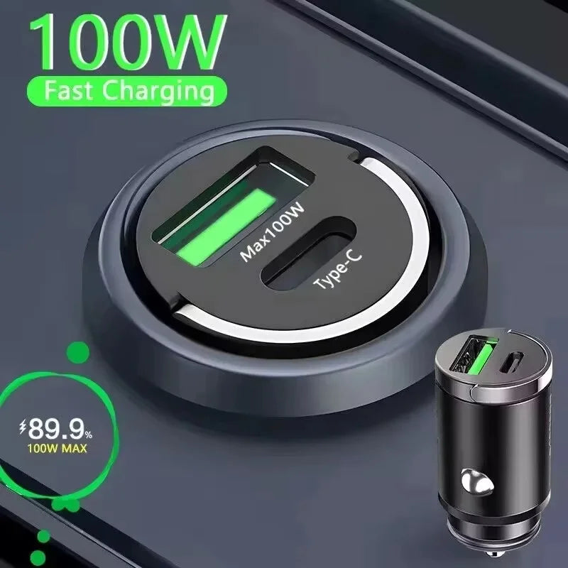 Mini Flush Fit Car Charger with Pull Ring, USB-C PD and QC Fast Charging, Rated 100W, for iPhone and Android Phones
