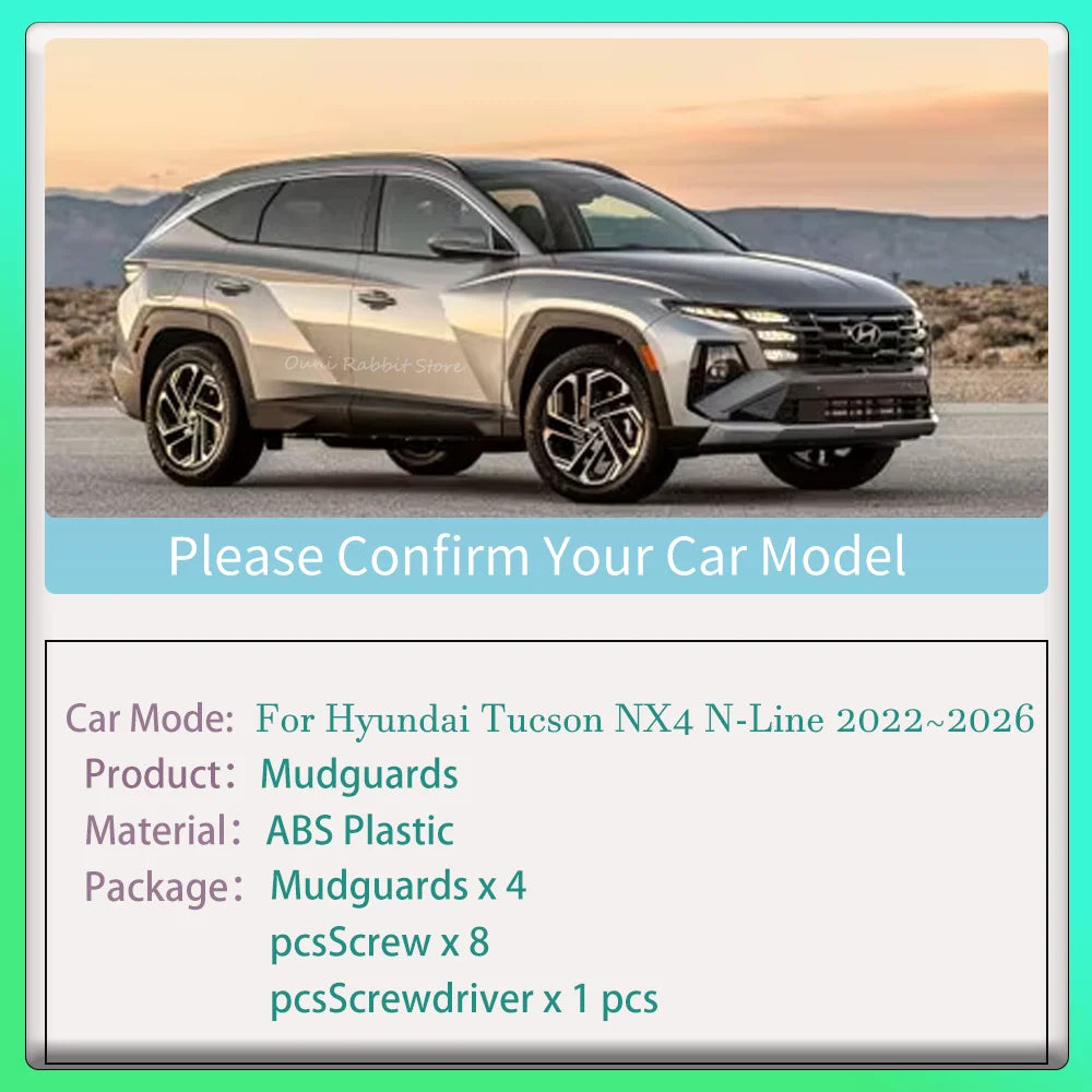 Mud Flaps for Hyundai Tucson 2022-2026 (NX4), TPE Splash Guards in 3 Versions: 2022-2024, 2025-2026 or N Line