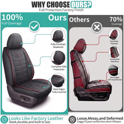 Car Seat Covers for Toyota Camry, Full Set for 5 Seats, Black PU Leather with Red Stitching, Water-Resistant Front and Rear