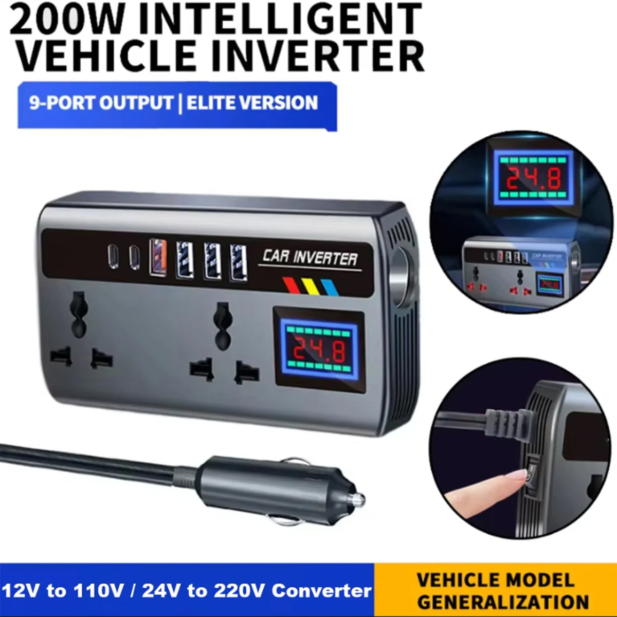200W Car Power Inverter, 12V to 110V AC Outlets with USB-C PD and QC3.0 USB Ports, Optional Digital Display, for Cars, Trucks, SUVs and RVs
